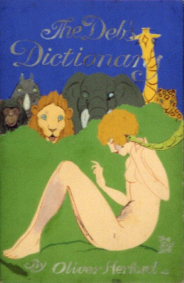 Nude debutante with horn watched by jungle animals (1931) by Oliver Herford