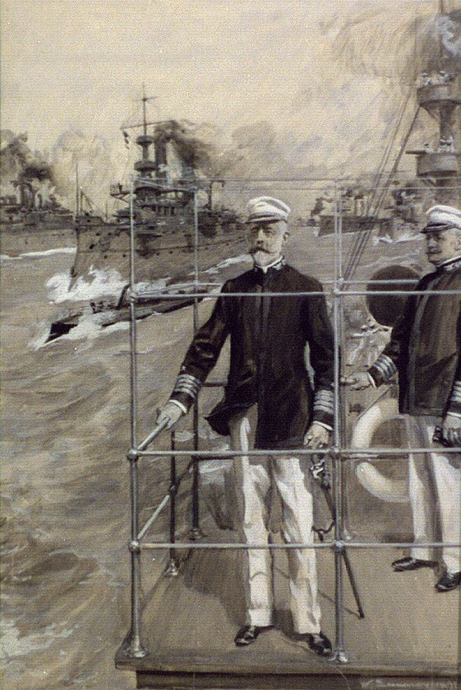 Out for a fight : in search of the Spanish fleet, Rear Admiral Sampson on the bridge of the "New York" (1898) by W T …