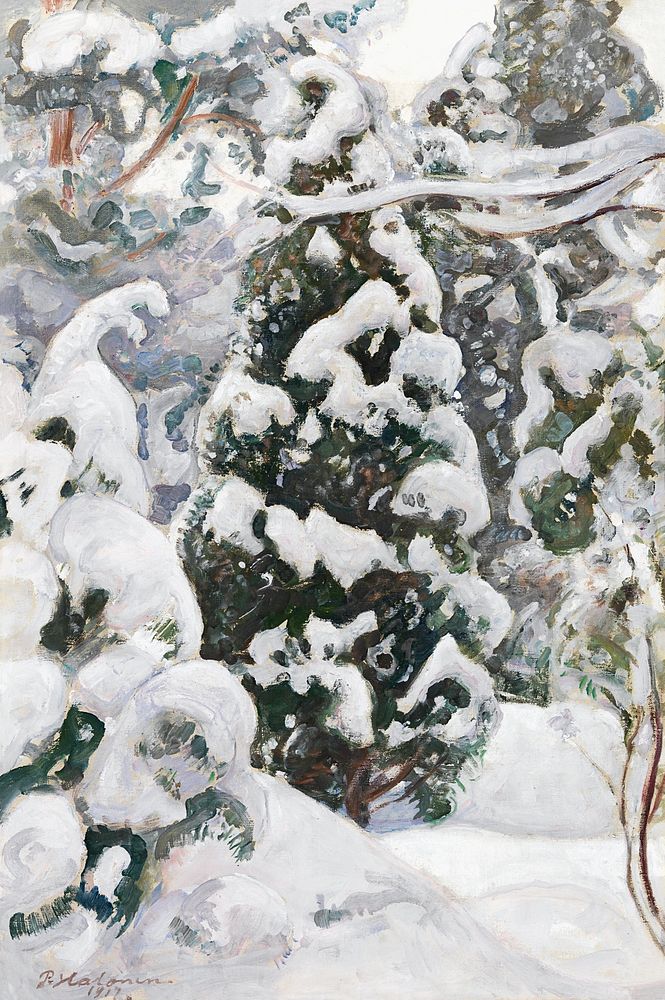 Juniper tree in snow (1917) oil painting by Pekka Halonen. Original public domain image from Finnish National Gallery.…