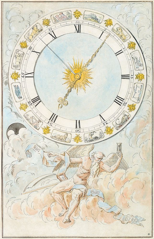 Clock face with the signs of the zodiac watercolor by Louis-F&eacute;lix de La Rue. Original public domain image from…