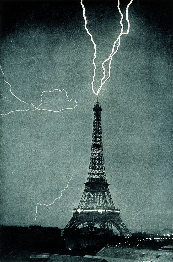 Lightning striking the Eiffel Tower (1902). Original public domain image from Wikimedia Commons. Digitally enhanced by…