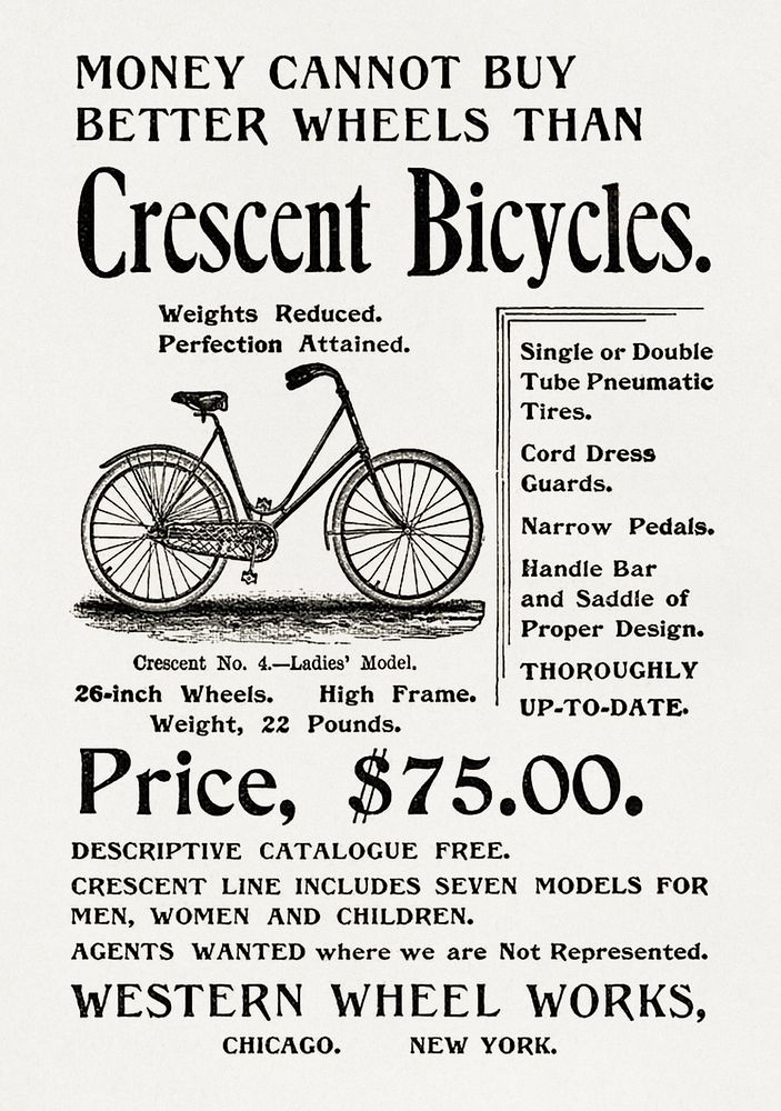 1895 Crescent Bicycles, Western Wheel Works advertisement 75 (1895) poster art by Western Wheel Works. Original public…