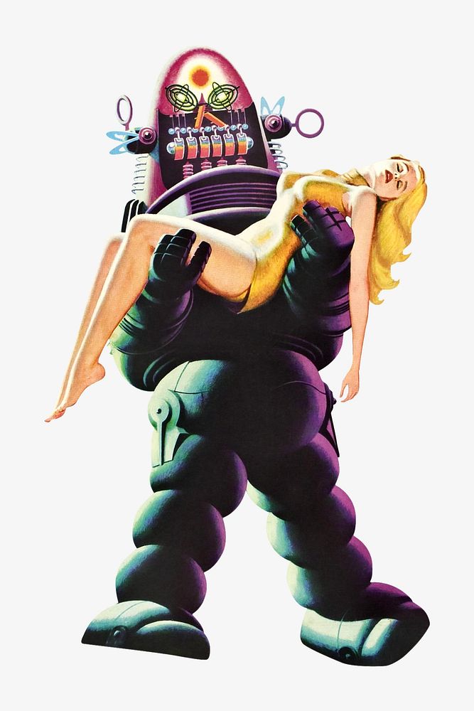 Robot carrying woman chromolithograph collage element. Remixed by rawpixel.