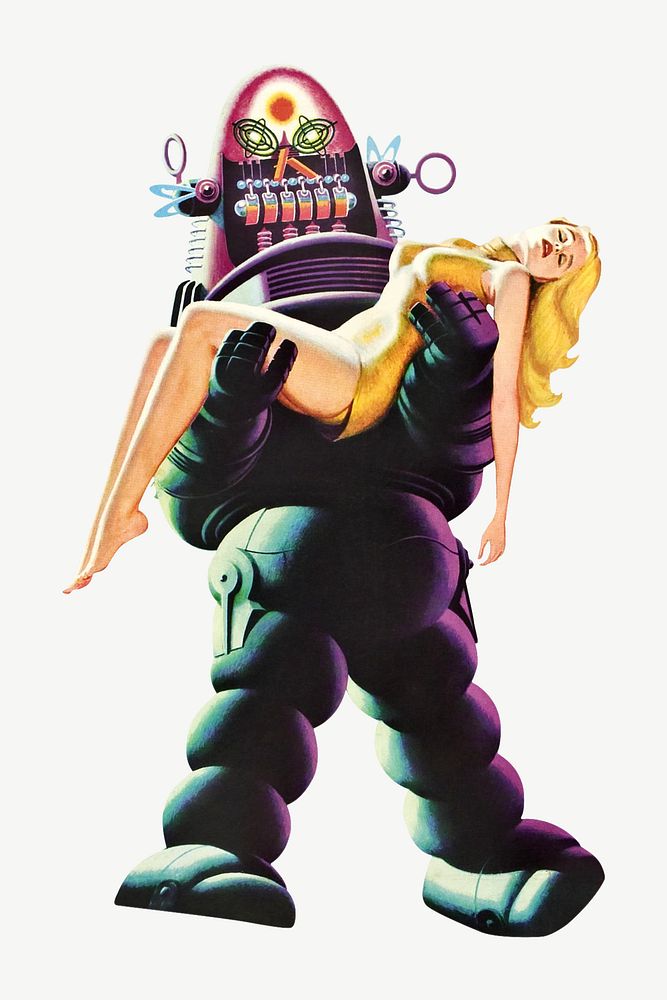 Robot carrying woman chromolithograph collage element psd. Remixed by rawpixel.