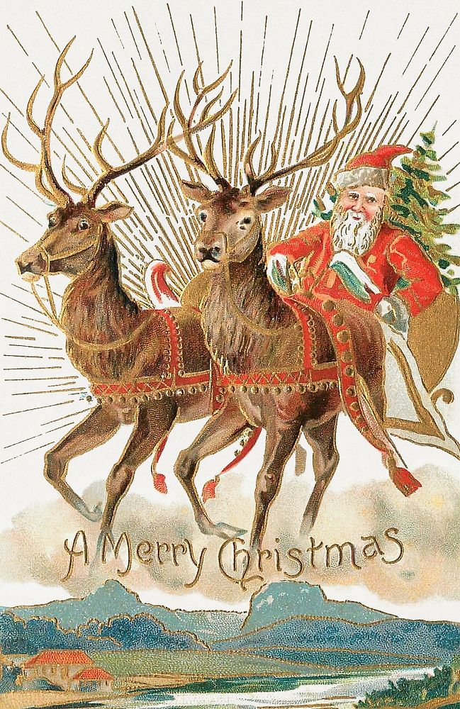 Christmas postcard of Santa Claus and his reindeer (1907) chromolithograph art by Souvenir Post Card Company. Original…