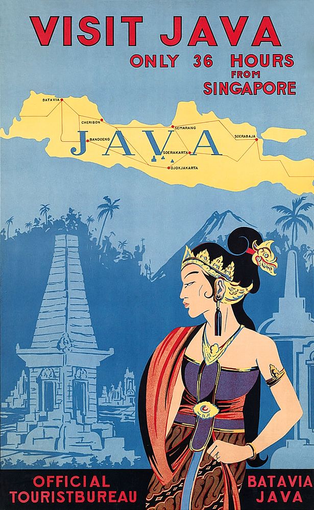 Visit Java. Only 36 hours from Singapore (1910-1959) chromolithograph art  by N. N. Original public domain image from…