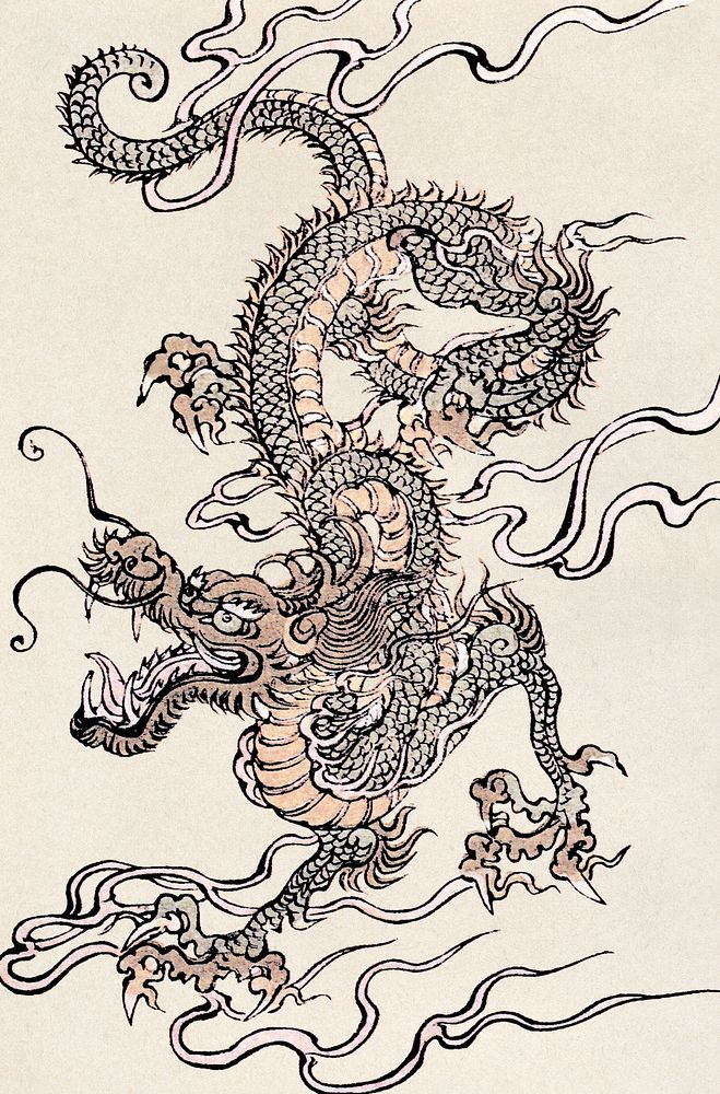 Japanese dragon, colour engraving on wood, Chinese school (19th Century) engraving art. Original public domain image from…