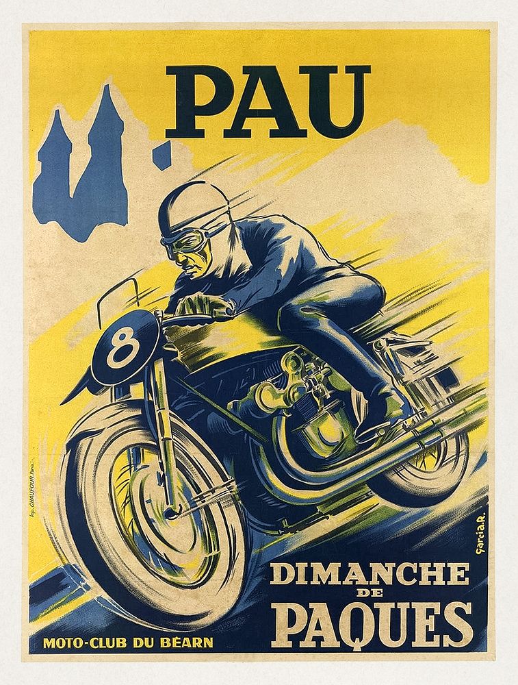 Pau: Easter Sunday, motorcycle club of B&eacute;arn (1940) chromolithograph by Garcia, R. Original public domain image from…