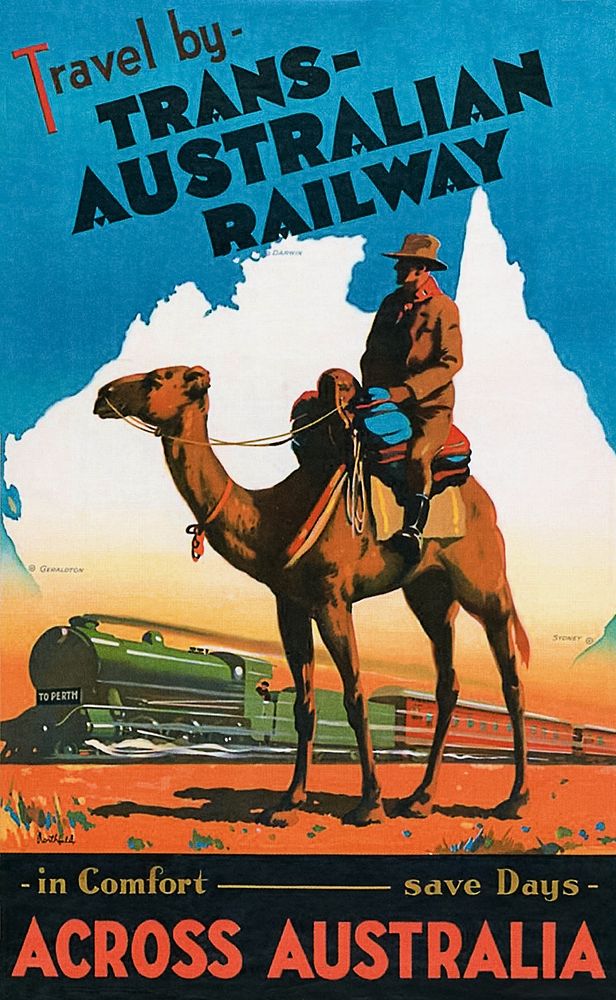 Commonwealth Railways poster -- Travel by Trans-Australian Railway (1940) chromolithograph. Original public domain image…