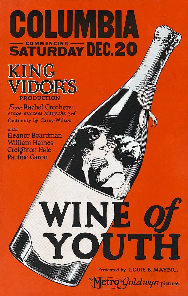 Wine of Youth film poster (1924) chromolithograph by Metro-Goldwyn-Mayer. Original public domain image from Wikipedia.…