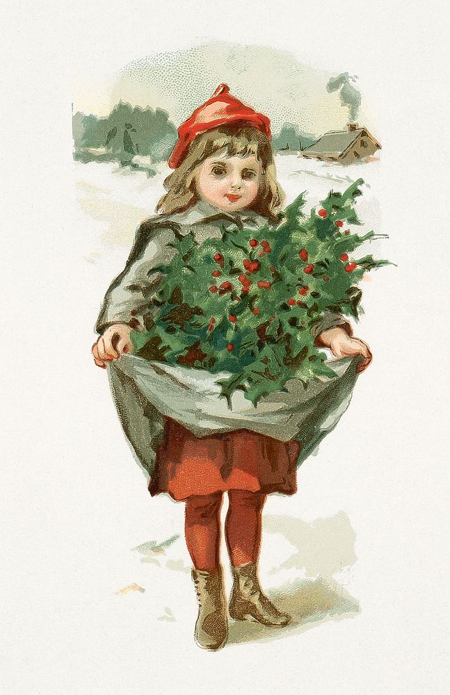 Little girl with holly (1861&ndash;1897), vintage illustration by L. Prang & Co. Original public domain image from Digital…