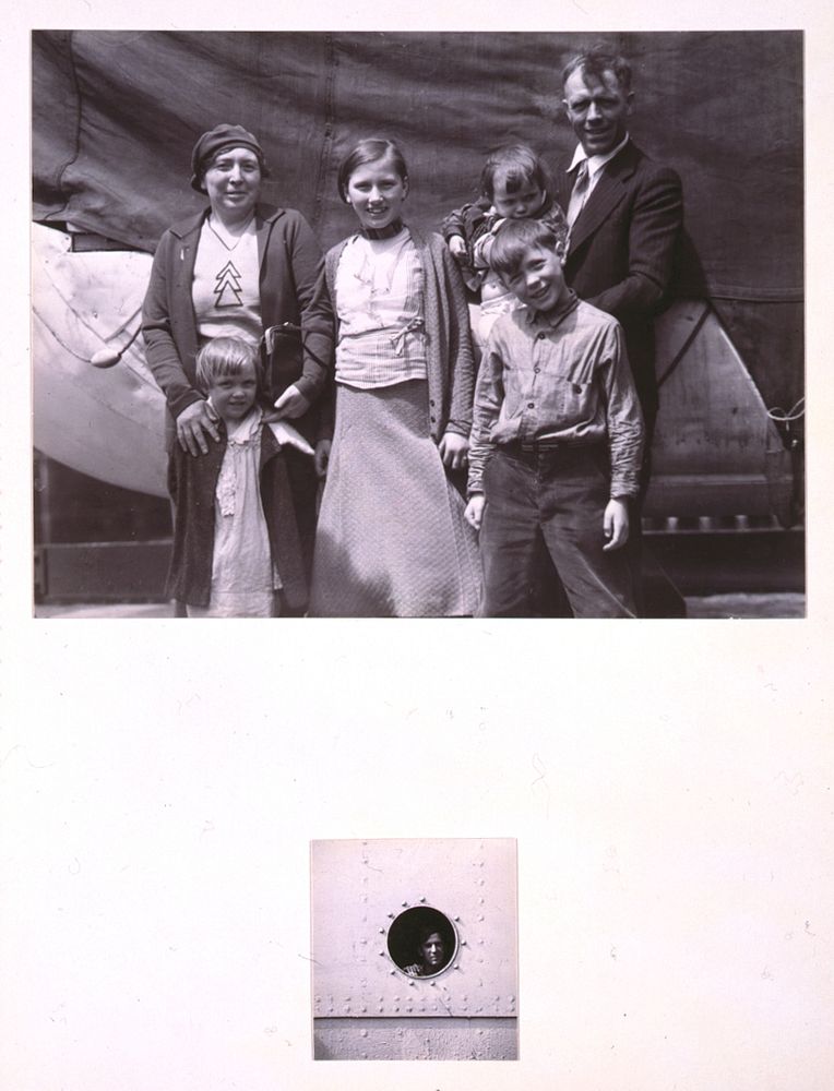 [Two scenes aboard the U.S.A.T. St. Mihiel: A family group posing on deck, and a man looking through a porthole]. Sourced…