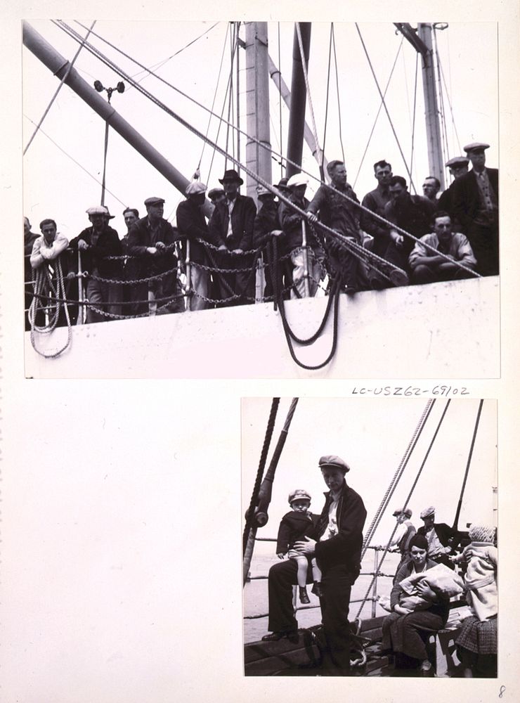 [Two scenes aboard the U.S.A.T. St. Mihiel: A group of male passengers standing along railing on deck of ship, and a family…
