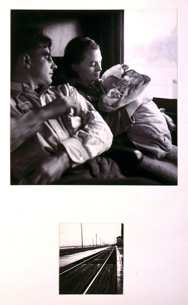 [Two scenes of rural rehabilitation: Young couple with baby in railroad passenger car during journey from Minnesota to San…