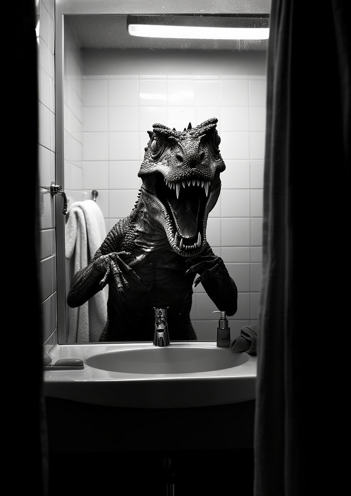A t-rex dinosaur in the bathroom mirror black white sink. AI generated Image by rawpixel.