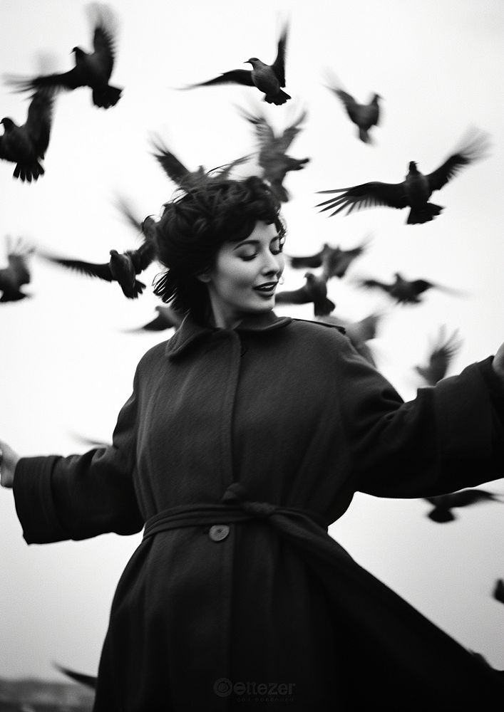 A woman wearing vintage coat playing with birds photography portrait motion. AI generated Image by rawpixel.