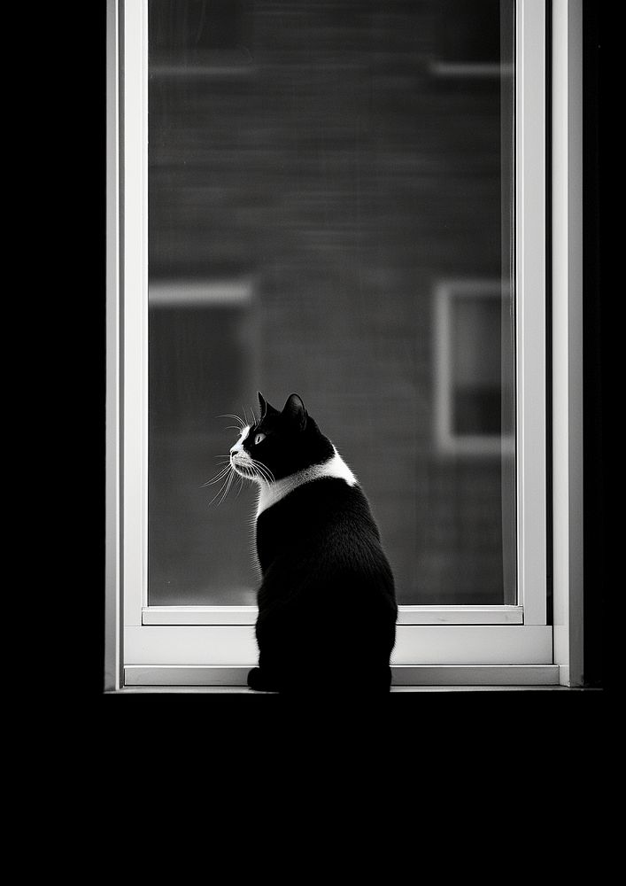 A black look at the white cat out of the window mammal animal pet. AI generated Image by rawpixel.