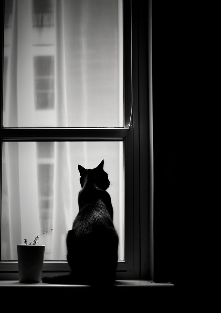 A black look at the white cat out of the window windowsill mammal animal. 