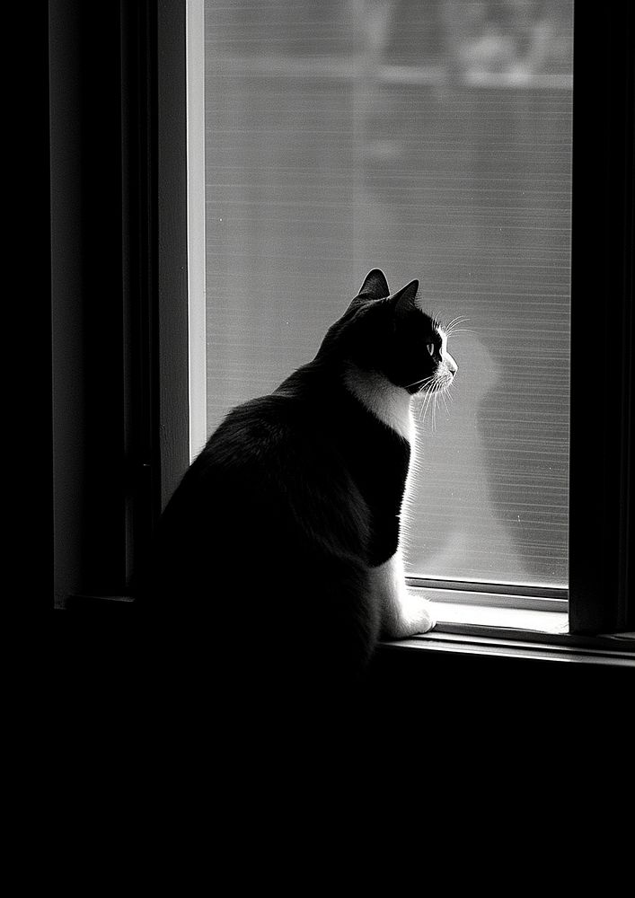 A black look at the white cat out of the window silhouette animal mammal. AI generated Image by rawpixel.