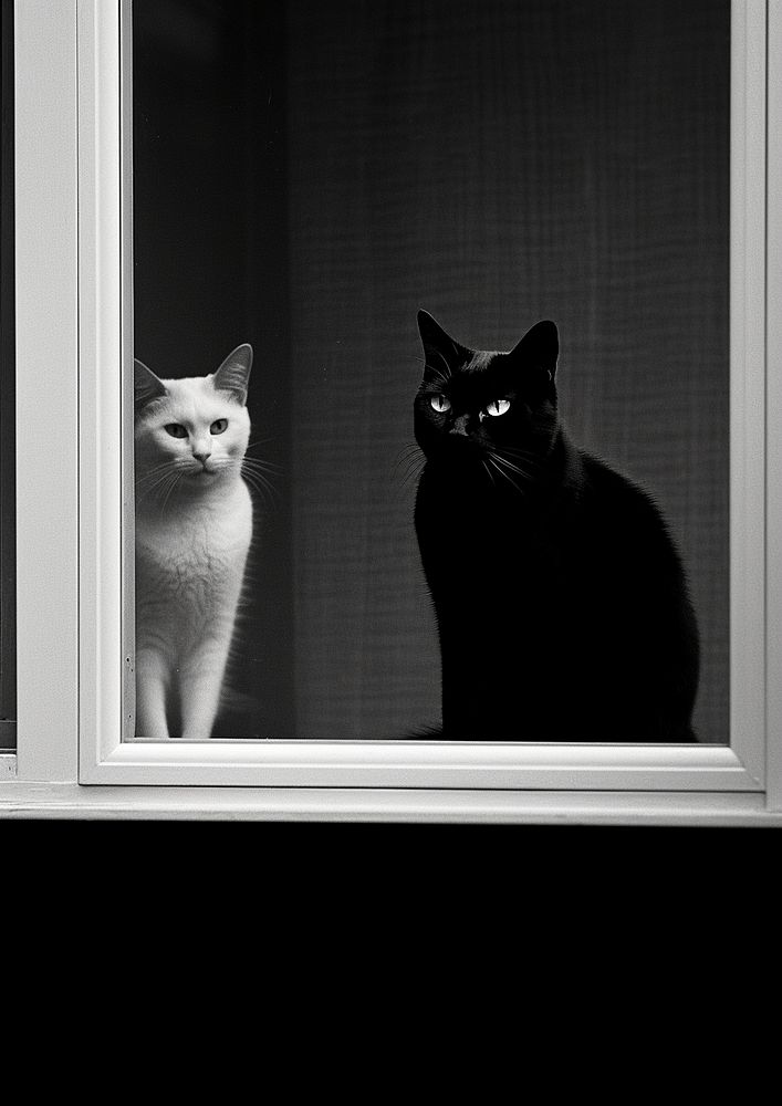A black look at the white cat out of the window animal mammal pet. AI generated Image by rawpixel.