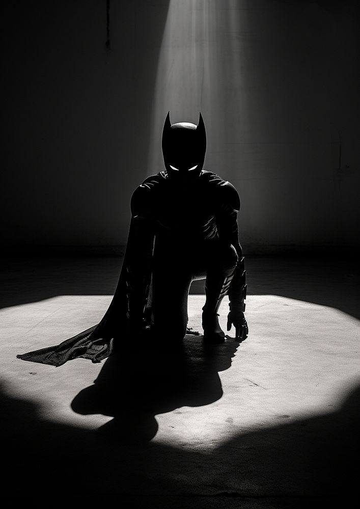 A kid wearing batman costume playing with his shadow black adult silhouette. AI generated Image by rawpixel.