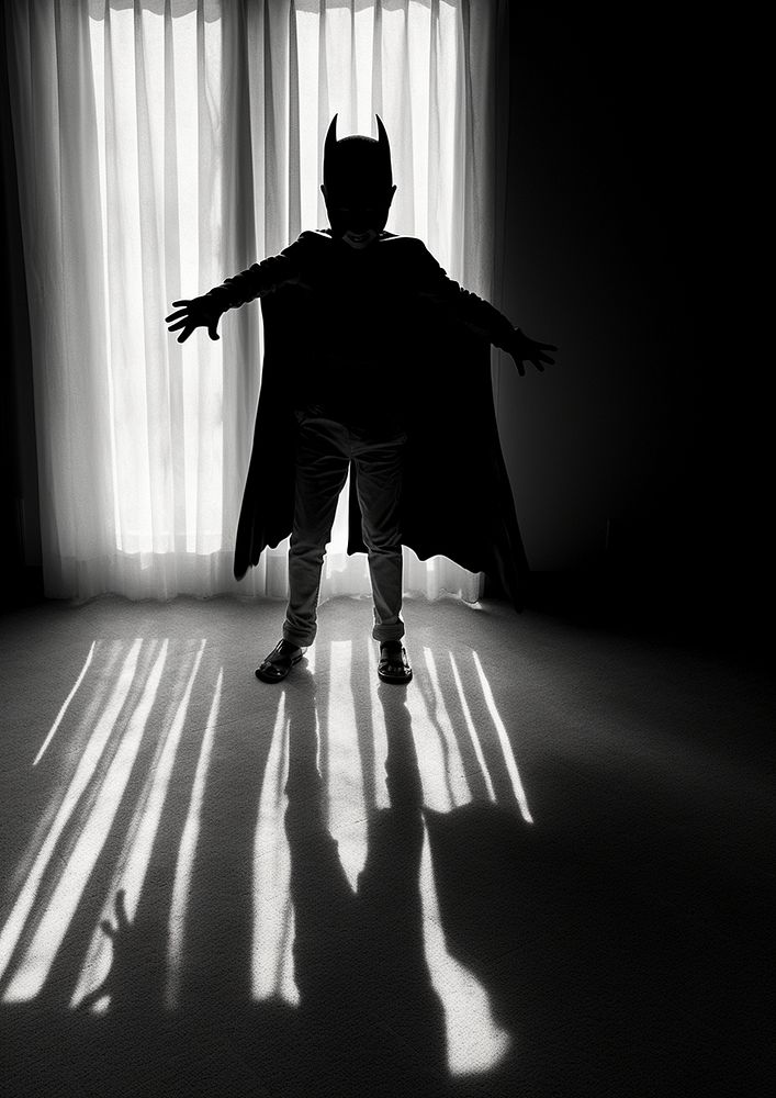 A kid wearing batman costume playing with his shadow photography silhouette portrait. AI generated Image by rawpixel.