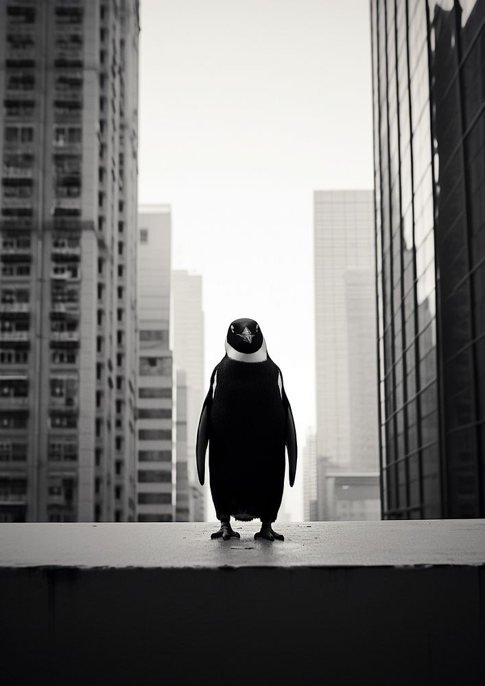 A penguin in the city black white bird. AI generated Image by rawpixel.