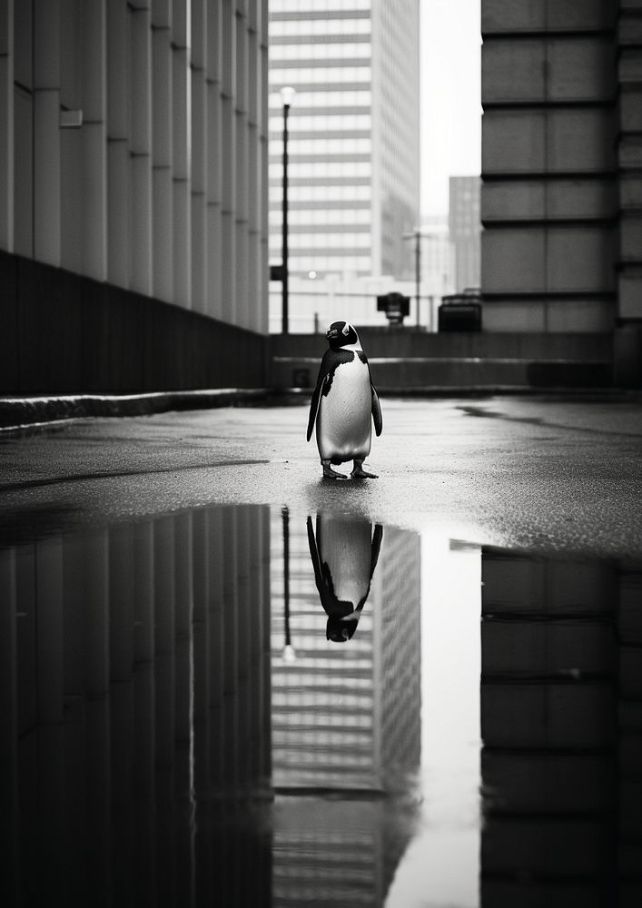 A penguin in the city white black bird. AI generated Image by rawpixel.