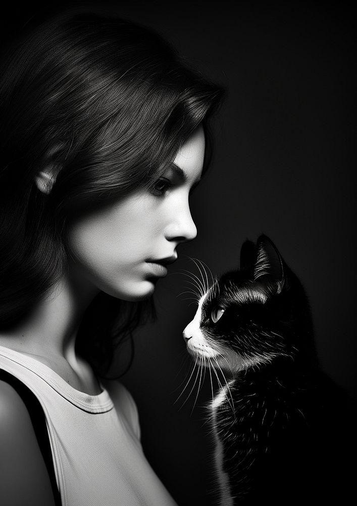 A portrait of a girl looking at a cat photography animal mammal. AI generated Image by rawpixel.
