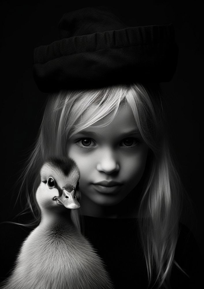 A portrait of a blonde girl with a baby duck on her head photography adult black. AI generated Image by rawpixel.