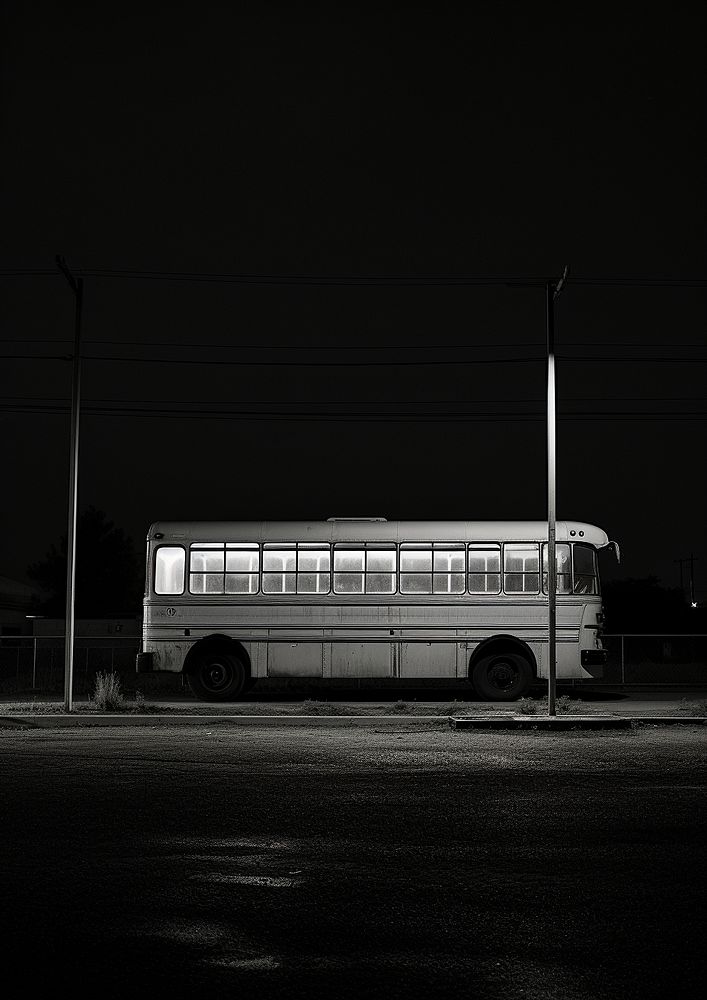 A school bus park in the countryside vehicle black white. AI generated Image by rawpixel.