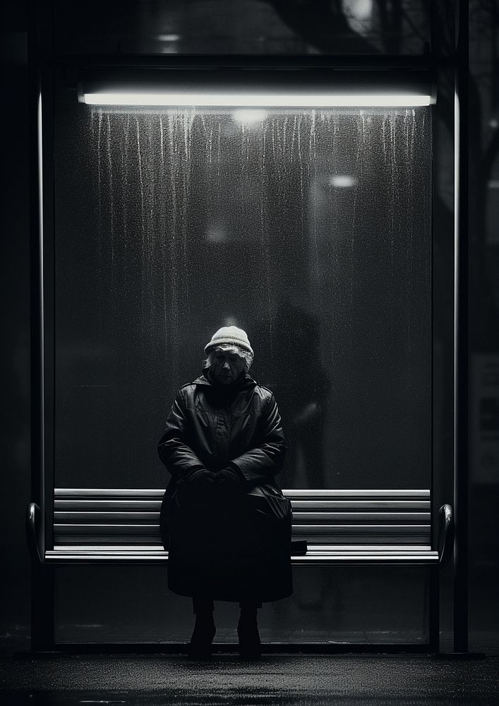 An elder woman hide the rain in the bus stop photography portrait black. AI generated Image by rawpixel.