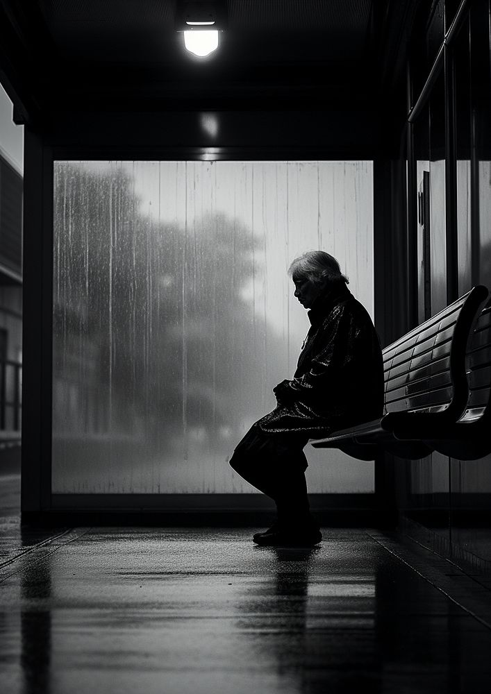 An elder woman hide the rain in the bus stop sitting black white. AI generated Image by rawpixel.