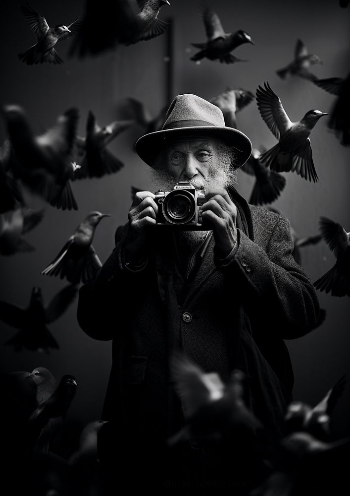 An old man wearing vintage cloth using film camera taking a photo of birds photography portrait animal. AI generated Image…