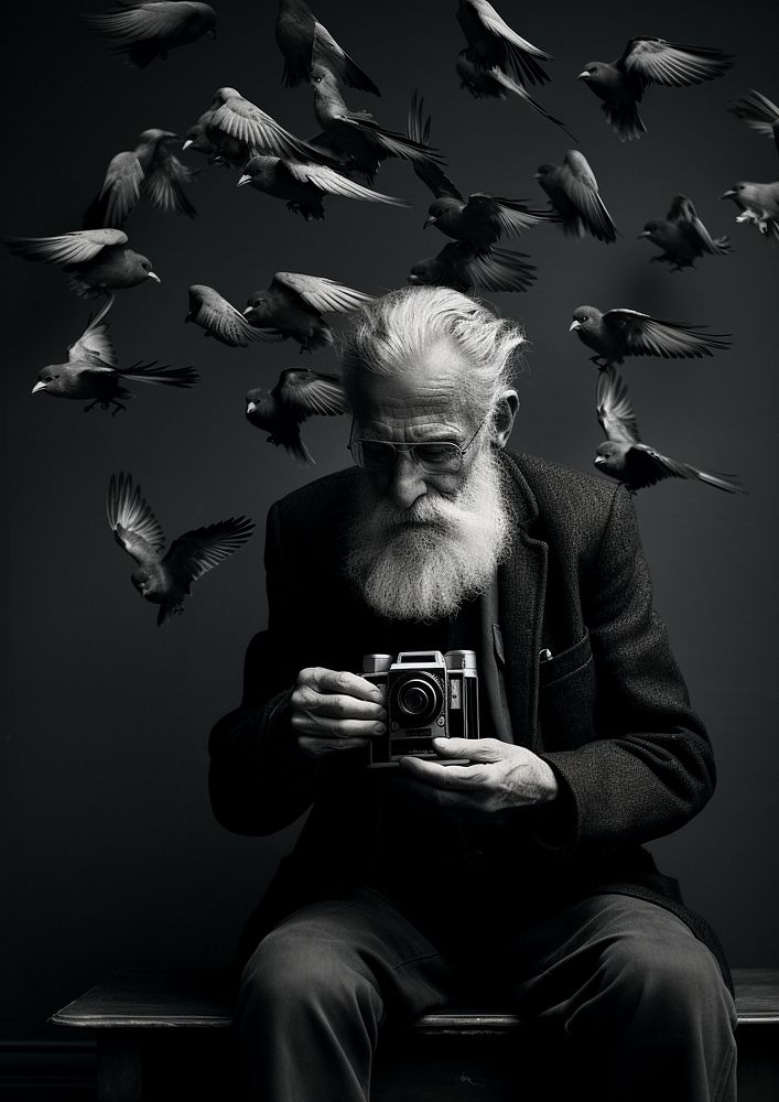 An old man wearing vintage cloth using film camera taking a photo of birds photography portrait adult. 