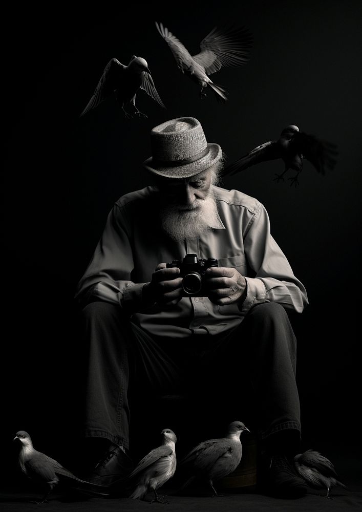 An old man wearing vintage cloth using film camera taking a photo of birds photography portrait black. AI generated Image by…