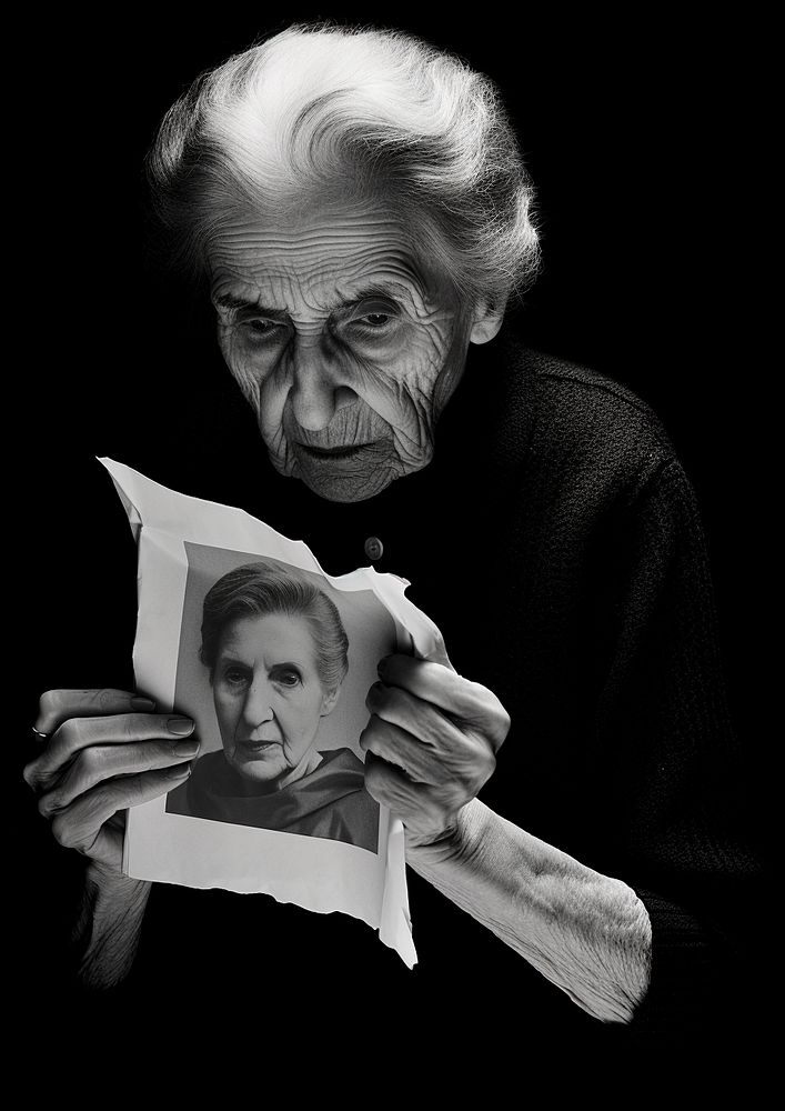 An old woman break through her paper portrait of her when she was young photography adult black. 
