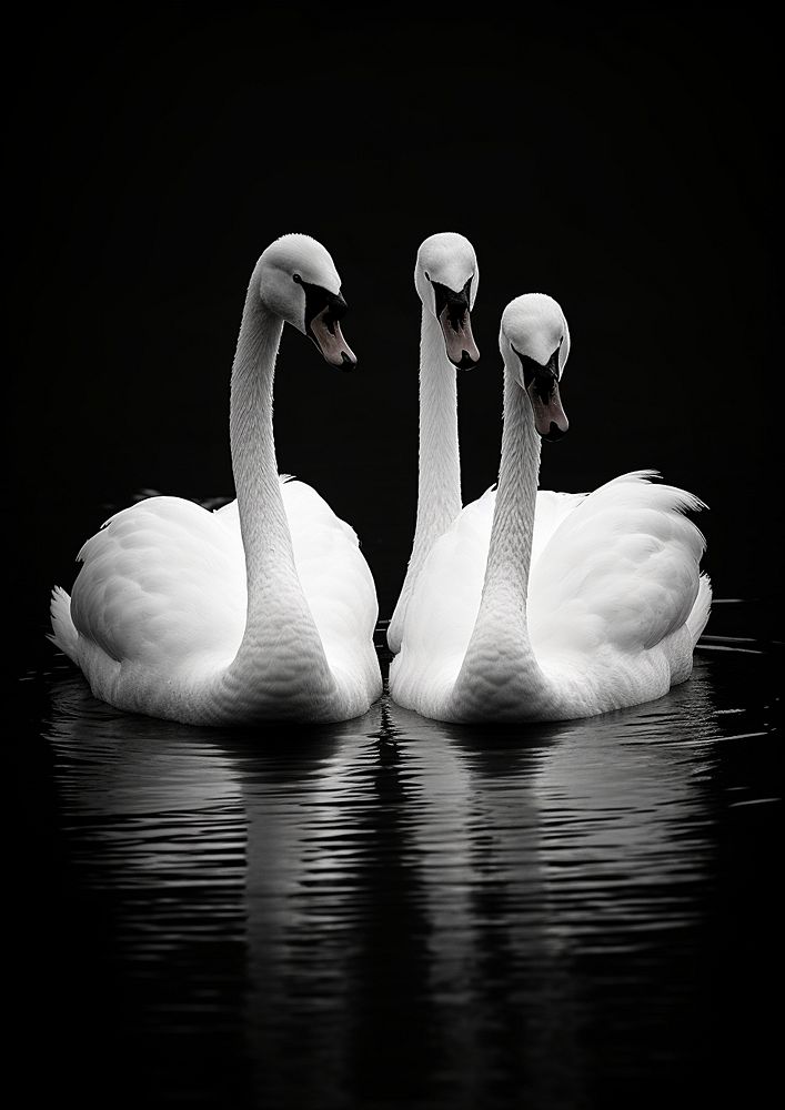 Four white swan in the black river animal bird monochrome. AI generated Image by rawpixel.