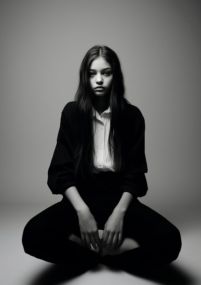 Teenage woman fashion portrait photography sitting black. AI generated Image by rawpixel.