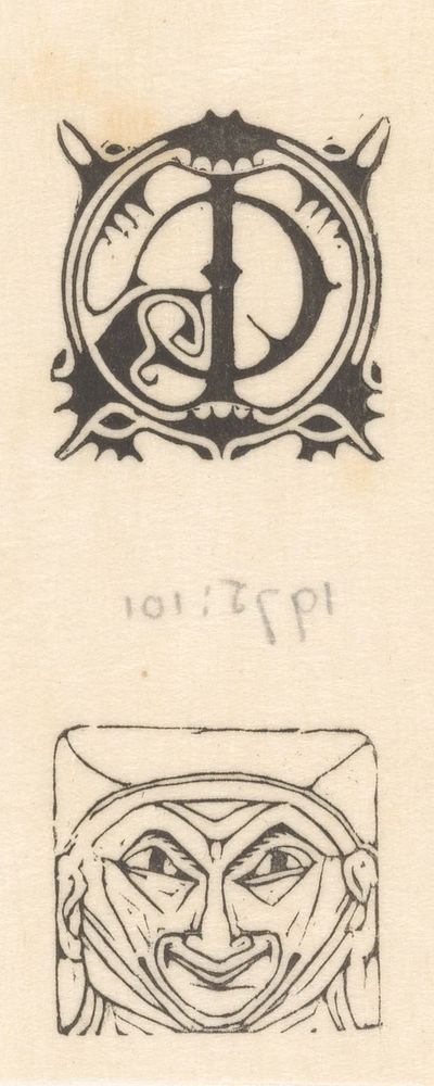 Monogram en vignet met masker (1895 - 1896) by Mathieu Lauweriks and Karel Petrus Cornelis de Bazel