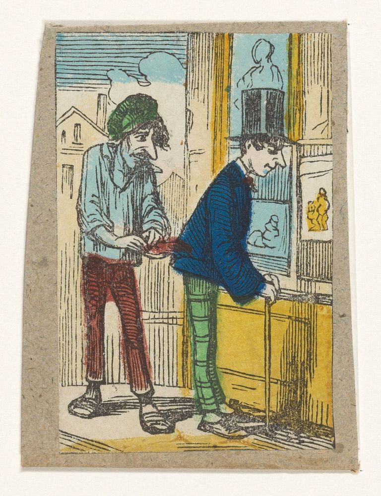 Zakkenroller steelt van een man die voor de etalage van een prenthandel staat (1800 - 1899) by anonymous