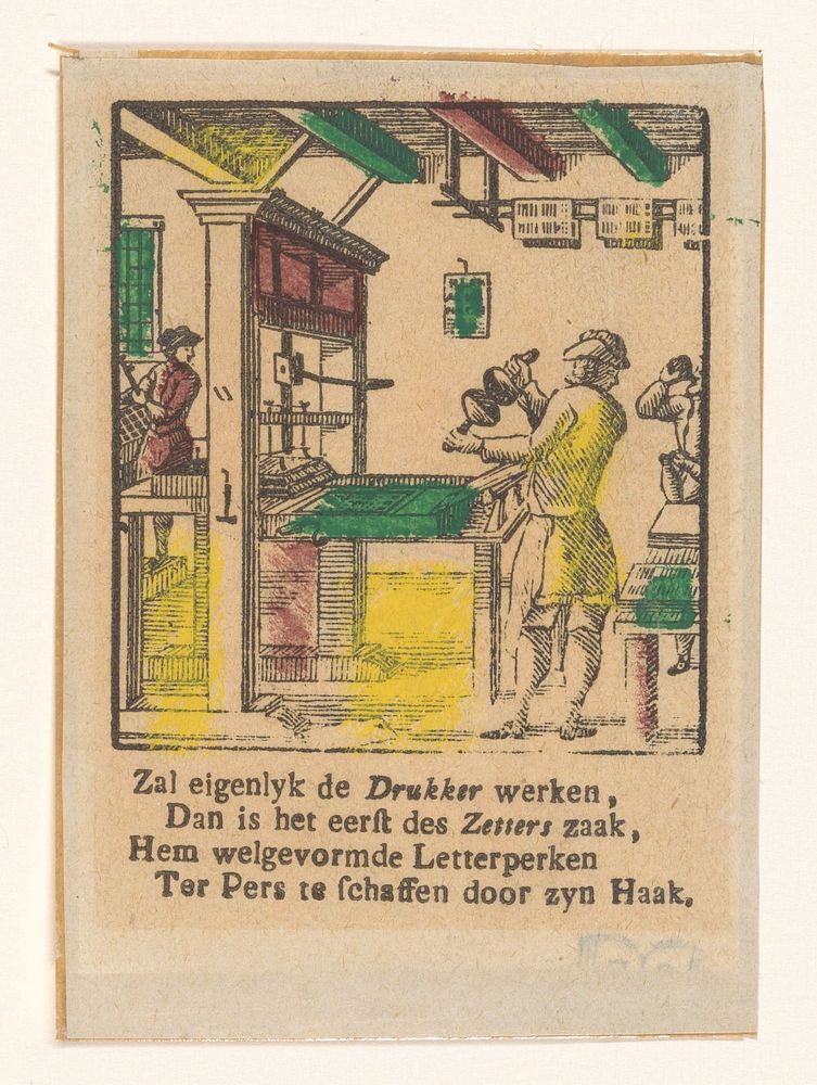 Interieur van een drukkerij met een drukpers en een letterzetter (c. 1800 - c. 1899) by anonymous