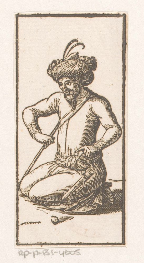Knielende man met een tulband en een instrument in zijn hand (1600 - 1699) by anonymous and Dirck de Bray
