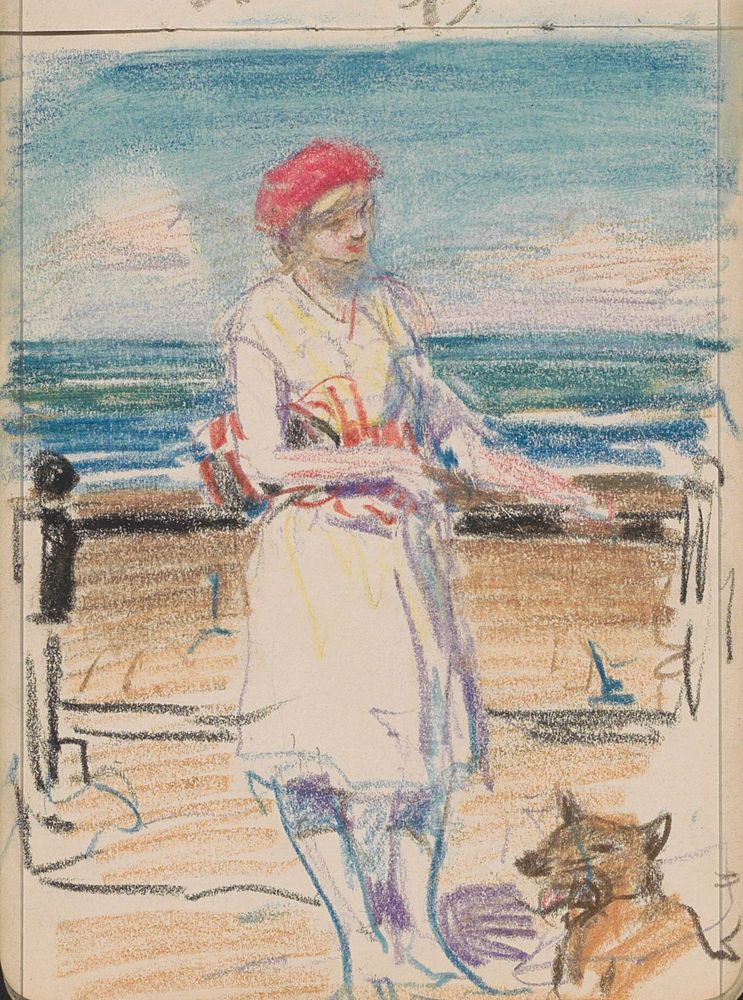 Vrouw met een hond op het strand (1884 - 1927) by Johan Antonie de Jonge