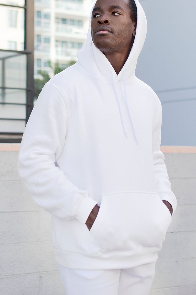 Cool man in white hoodie and sweatpants men&rsquo;s fashion apparel shoot
