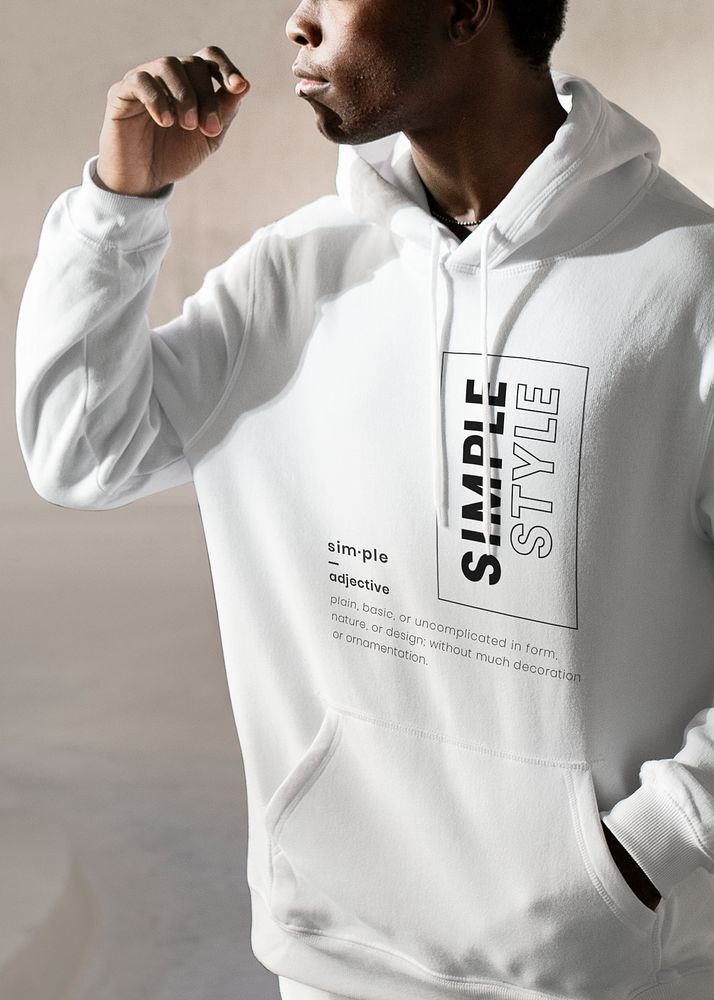 Printed white hoodie in simple style men&rsquo;s apparel fashion shoot