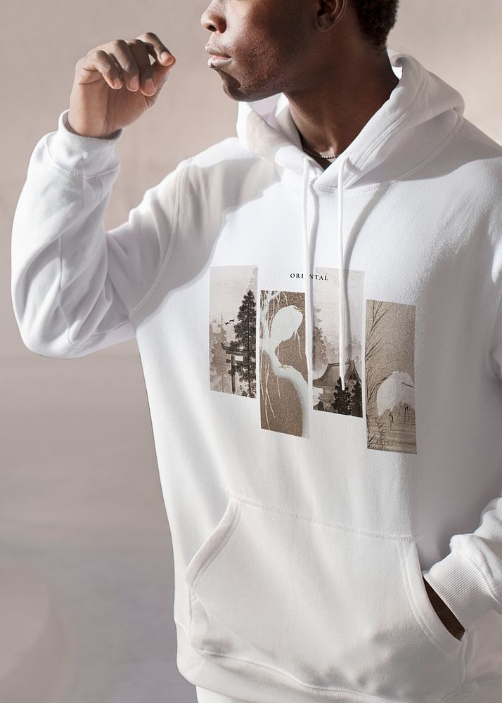 Printed white hoodie mockup psd oriental illustration closeup men&rsquo;s apparel fashion shoot