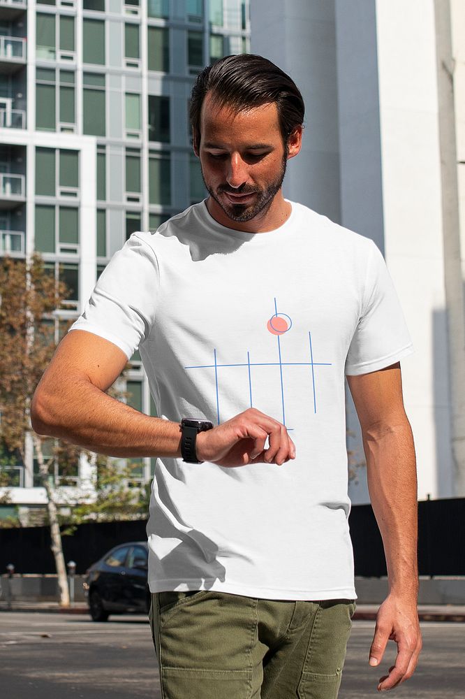 Casual dressed man mockup psd looking at the time outdoor photoshoot