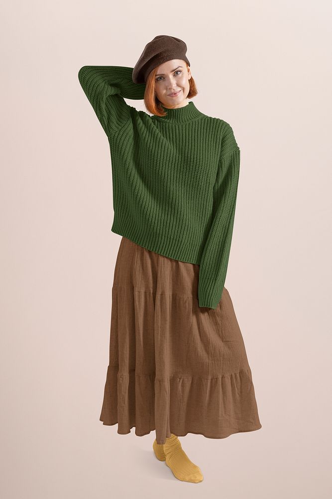 Women's autumn fashion mockups psd, full body, brown dress, green sweater, beret hat