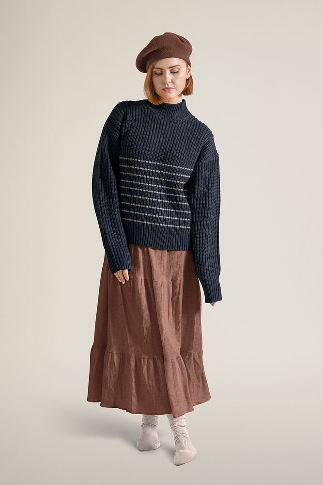 Women's autumn apparel mockups, full body psd, brown dress, blue sweater, beret hat